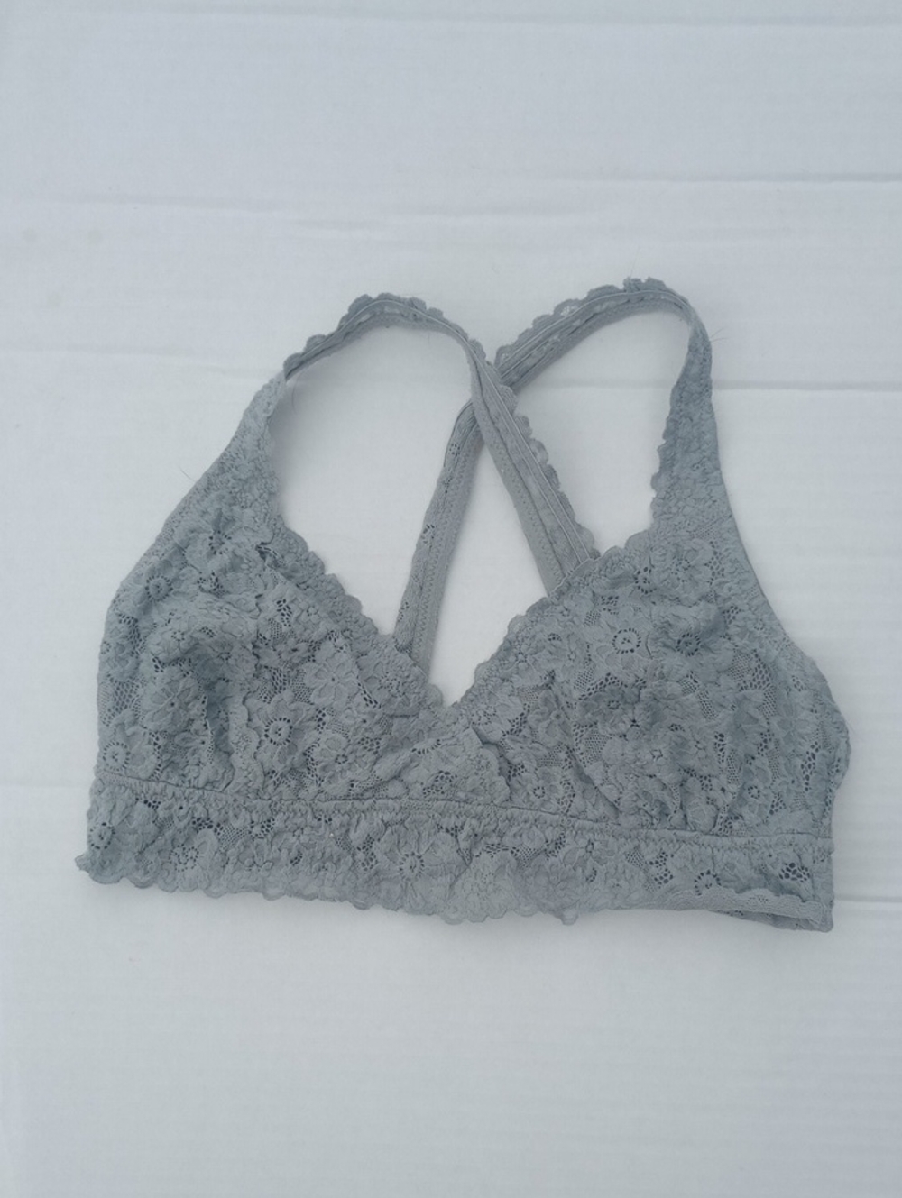 Women's Large Grey aerie Floral Lace Lightly Padded Cross Back Bralette Wireless